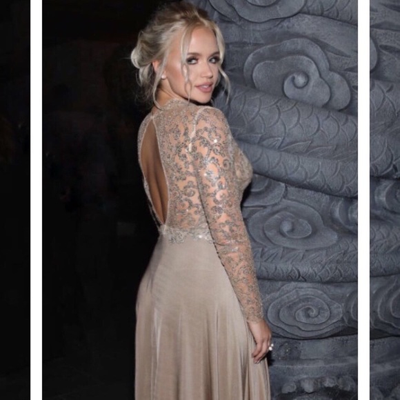 Floor length see through tan gown with gold - Picture 2 of 4